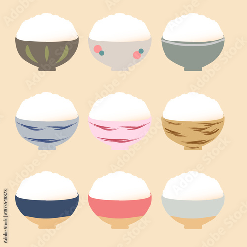お茶碗に盛られた炊き立てのごはんのイラストセット