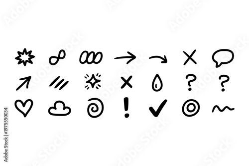 Doodle icons set with hand-drawn symbols including stars, arrows, hearts, clouds, and question marks.