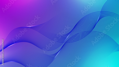 Futuristic purple and cyan gradient background with flowing glowing blue neon wave lines