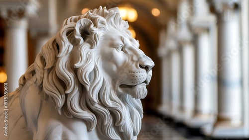 A close-up view of a majestic white marble lion statue in a grand architectural setting