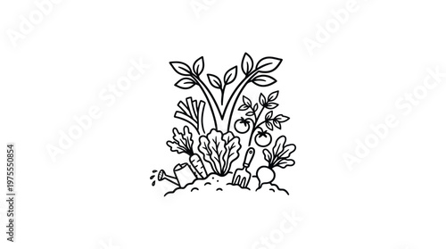 Black and White Garden Patch with Vegetables and Tools