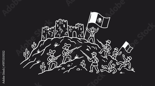 Mexican Soldiers Defending The Fortress White Outline On Black