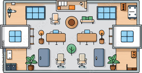 Architectural top view furniture symbols vector set including office desk chair cubicle computer table and home furniture bed sofa dining table wardrobe bookshelf, CAD blueprint style thin line outlin