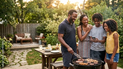 African American family grilling and using smartphone during backyard barbecue.