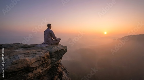 Man Meditating on Cliff at Sunset