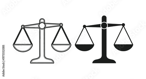 Minimalist vector graphic illustration of two balanced scales representing justice and legal systems for professional design