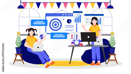 Accountants performing a detailed audit of company goals and financial statistics using digital tools and performance dashboards