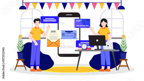 Two people managing corporate finances and debt documents using a large smartphone interface showing credit cards and invoices