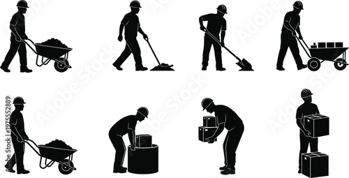 Construction worker silhouette set with builders pushing wheelbarrow, using shovel, lifting heavy boxes, and carrying industrial materials on white background