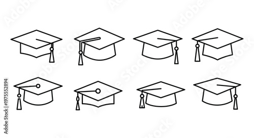 Collection of simple black line vector illustrations featuring academic graduation caps for education-themed creative designs