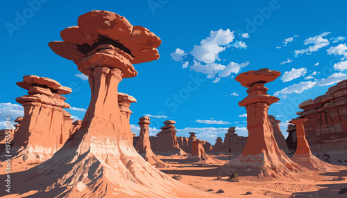 A stunning landscape of hoodoos in a desert under a bright blue sky with scattered clouds
