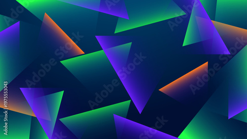 Multilayered geometric pattern using neon green and purple triangles to create a sense of depth and digital motion