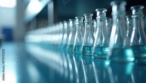 Rows of laboratory flasks filled with blue liquid on a clean blue surface under bright overhead lighting in a