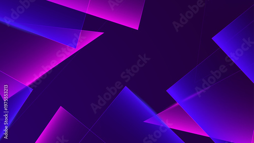 High tech geometric background featuring glowing purple and blue translucent triangles with sharp edges and neon light effects