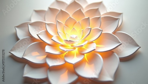 Delicate White Paper Flower Art with Warm Yellow Center Light Illuminating Petals in Soft Focus Background Ideal for