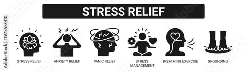 Stress Relief web banner icon vector illustration concept with icons of stress relief, anxiety relief, panic relief, stress management, breathing exercise, and grounding.