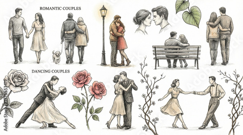 Romantic couples dancing, walking, and sharing moments in nature  