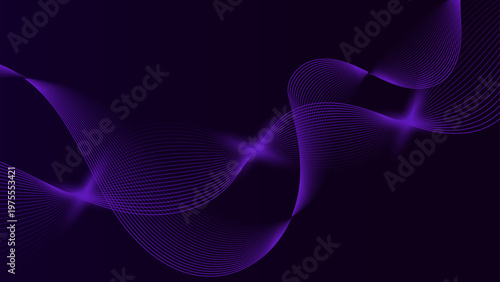 Futuristic dark background with glowing purple neon wave lines and light particle effects