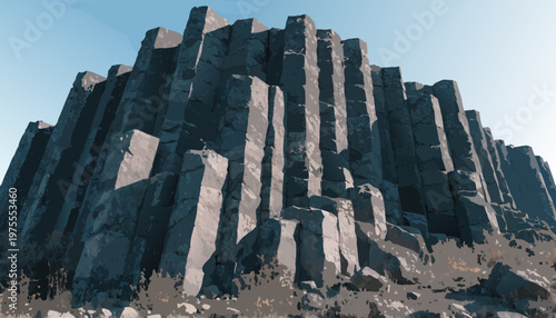 A stunning illustration of a rocky mountain formation with unique columnar basalt.