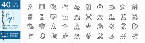 Recruitment icon set. Contains icon symbol : recruitment, head hunting, job vacancy, human resources, hiring, career, employment, candidate, interview, curriculum vitae, skill, position, briefcase.