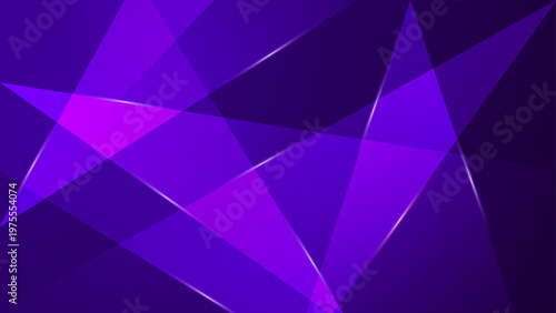 Professional violet and purple abstract background with overlapping translucent geometric triangles and neon light beams