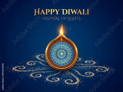 Happy Diwali Greeting Card with Realistic Diya Oil Lamp and Rangoli