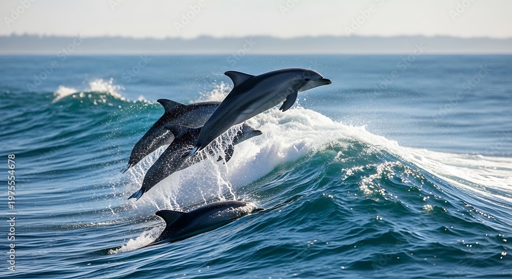 Fototapeta premium Two dolphins leaping over ocean waves in bright daylight