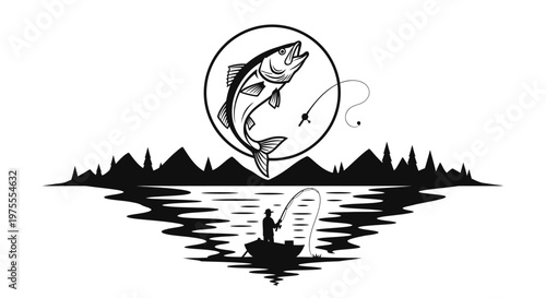 Dynamic Fishing Scene with Leaping Fish and Angler in Boat.
