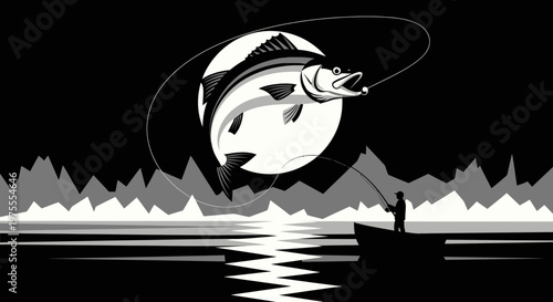 Dynamic illustration of a fish leaping from water during a night fishing adventure.