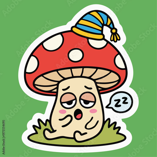 Cute cartoon mushroom character wearing a sleeping cap, yawning and looking sleepy, sitting on green grass.