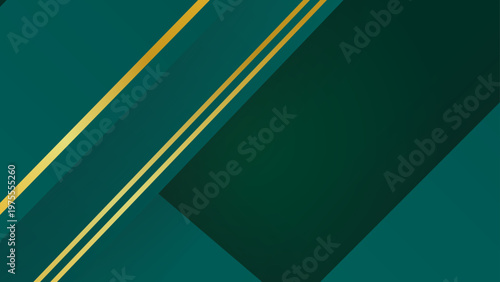 Elegant dark green background with premium gold diagonal stripes and geometric shapes for corporate identity