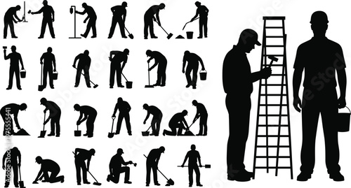 Comprehensive Collection of Construction Worker Silhouettes Carrying Buckets Using Shovels Climbing Ladders and Performing Manual Labor Tasks for Industrial Projects