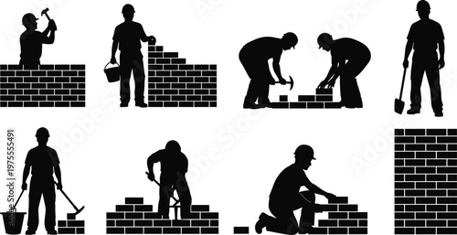 Construction mason worker silhouette set building brick wall with tools, professional builders, manual masonry work on white background isolated