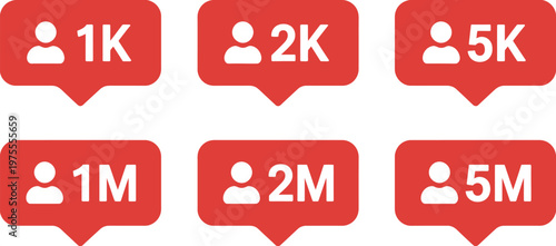 Follower count icons with red alert badges showing K and M metrics, social media notification symbols, minimal modern vector design for user interface, analytics dashboards and mobile applications.