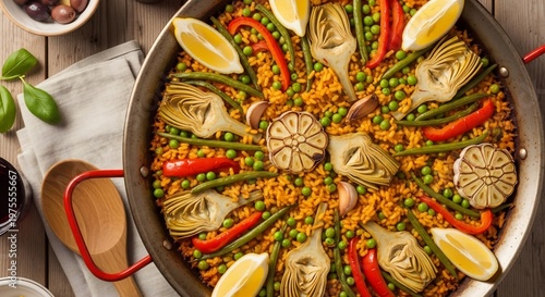 Delicious Paella Valenciana with Artichokes and Lemon Slices.