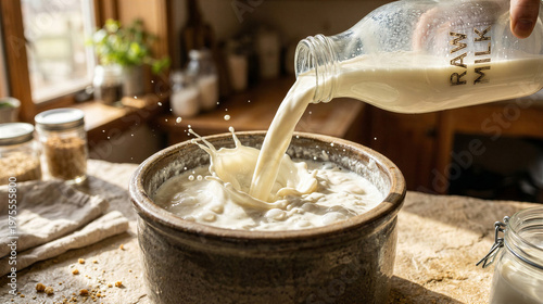 Milk pouring into creamy skyr in rustic bowl on wooden table in natural kitchen light. Concept of fresh dairy, natural ingredients, and clean healthy nutrition.