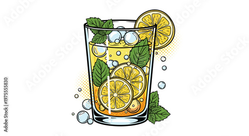 Refreshing detox drink illustration featuring vibrant lemon slices and mint leaves in a glass, surrounded by effervescent bubbles on a white background
