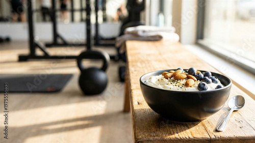 Skyr bowl with berries on wooden bench in gym interior with fitness equipment. Concept of healthy lifestyle, balanced routine, and nutrition supporting active life.