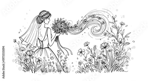 Artistic illustration of a bride holding a bouquet in a whimsical garden setting, with flowing floral elements and delicate linework in a black and white style