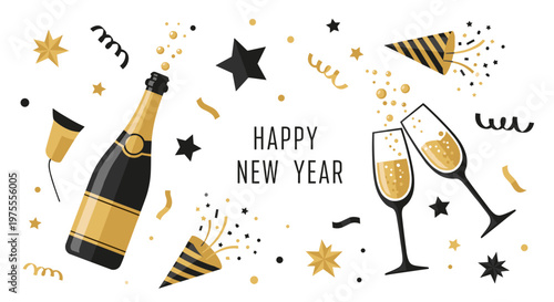 Festive New Years table decor illustration featuring champagne bottle, glasses, and confetti in gold and black on a white background, year’s