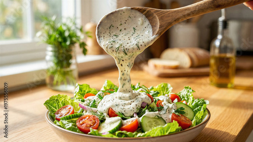 Yogurt dressing being poured over fresh vegetable salad in bright kitchen light. Concept of healthy alternative, light sauce, and clean eating meal.