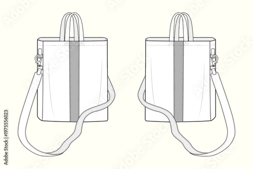 Modular Vertical Crossbody Shopper Tote Bag Technical Flat Sketch Vector Template