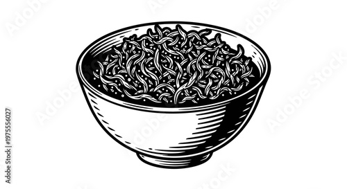 Intricate black and white illustration of tea leaves in a detailed ceramic bowl, showcasing a textured design with a clear, minimalist background