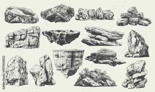 Hand drawn rock and stone collection in vintage engraving style featuring cliffs, boulders, and natural formations isolated on light background. Suitable for landscape design, geology themes, and outd