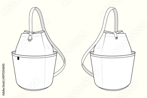 Structured Bucket Shoulder Bag with Inner Drawstring Pouch – Clean Flat Sketch Front and Back