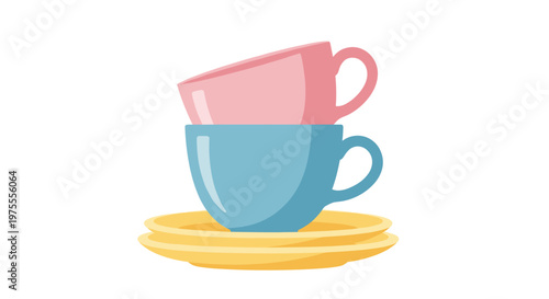 Illustration of a colorful porcelain teacup set with pink and blue cups stacked on yellow saucers, minimalistic design on a white background