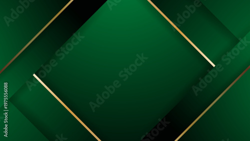 Sophisticated forest green background with layered geometric shapes and elegant gold border lines