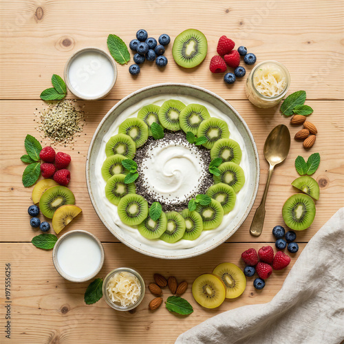 Symmetrical skyr bowl with kiwi, berries, and seeds arranged in circular pattern top view. Concept of clean food design, balanced nutrition, and aesthetic healthy eating.