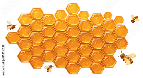 Illustration of a beehive frame filled with golden honey and surrounded by bees on a white background