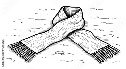 Illustration of a wool scarf lying on a textured snow background with detailed fringe and shading, monochrome sketch style